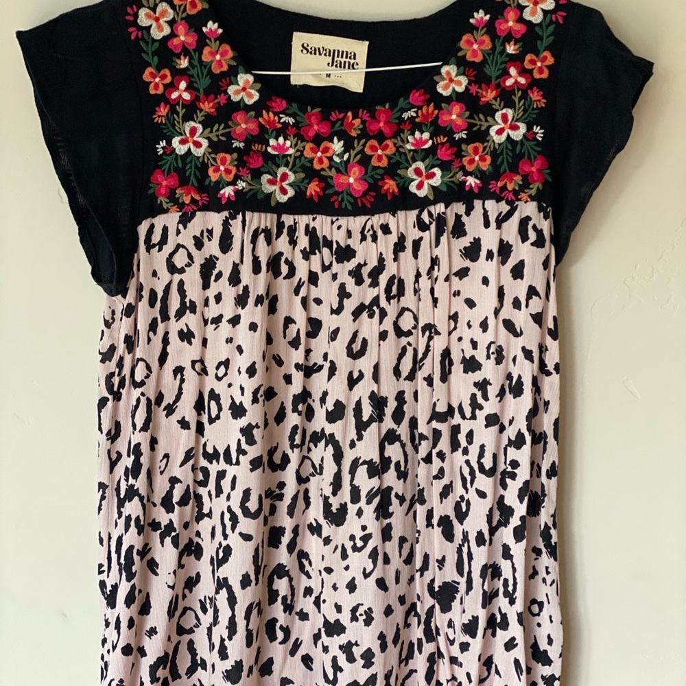 Savanna Jane Black Top with Multicolor Floral Embroidery